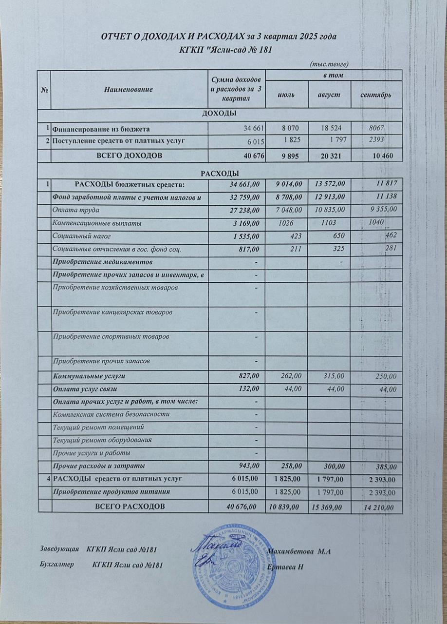ОТЧЕТ О ДОХОДАХ И РАСХОДАХ за 3 квартал 2025 года