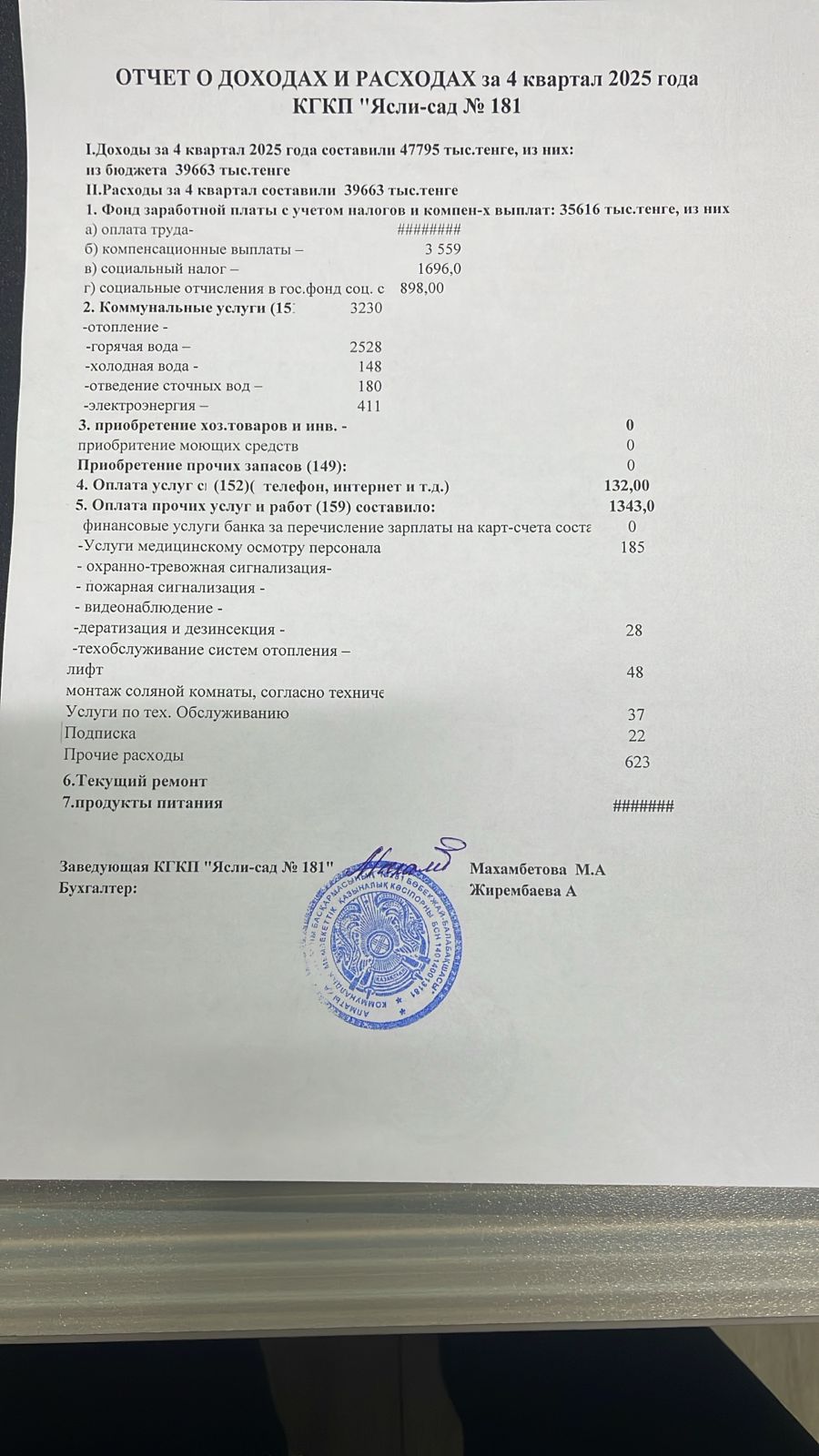 ОТЧЕТ О ДОХОДАХ И РАСХОДАХ за 4 квартал 2025 года